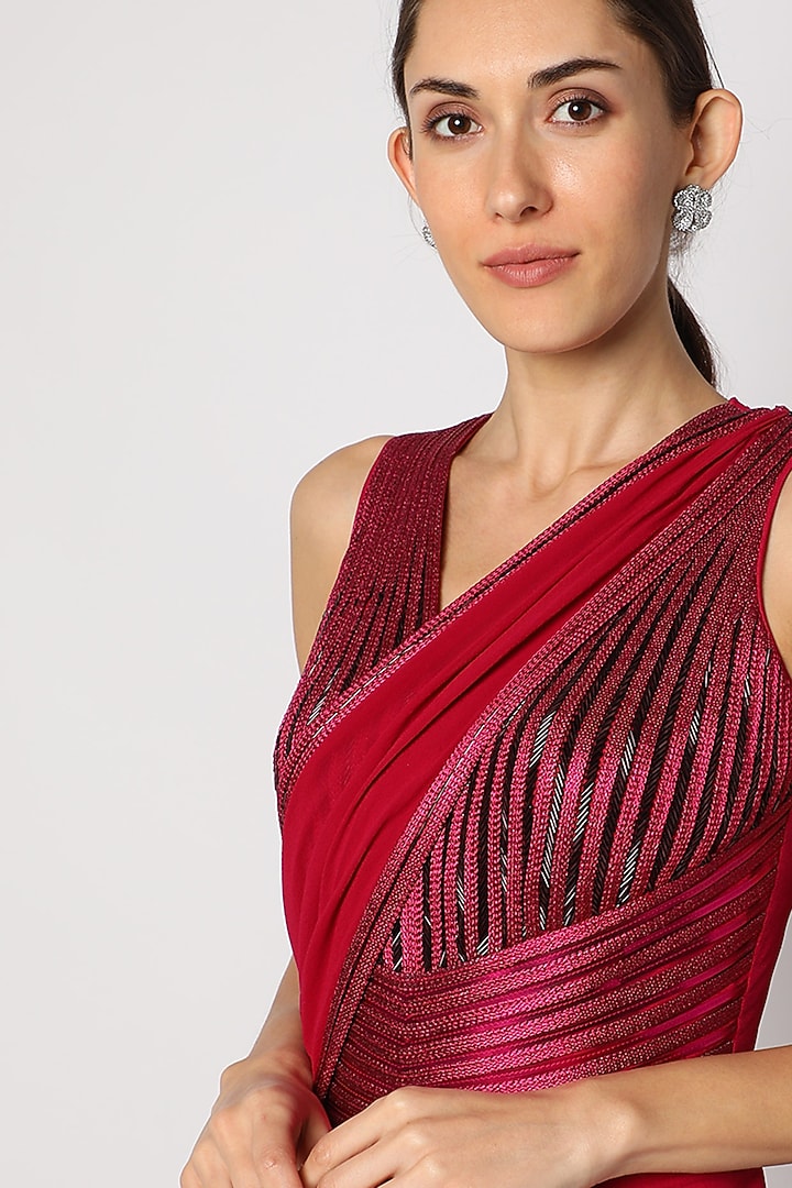 Fuchsia Red Hand Embroidered Pre-Stitched Wedding Saree by Amit Aggarwal at Pernia's Pop Up Shop